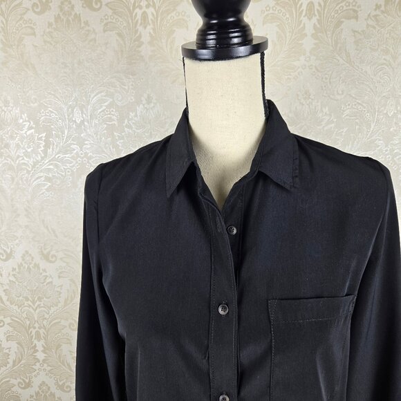 Mango Size XS Black Button Down Shirt Long Sleeve Chest Pocket Rounded Hem - Picture 2 of 10